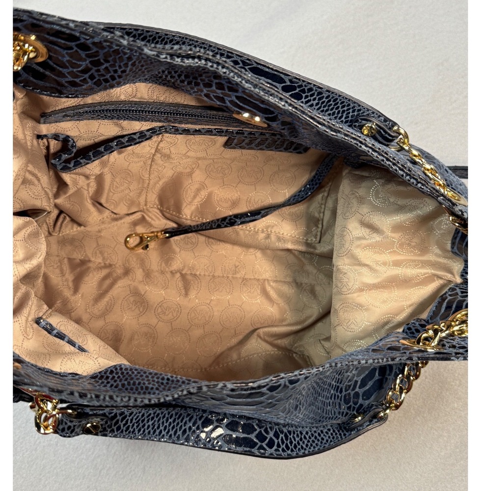 Michael Kors Shoulder Bag Women  Blue Snakeskin Leather Hobo Chain Gold Baddie - Picture 7 of 13
